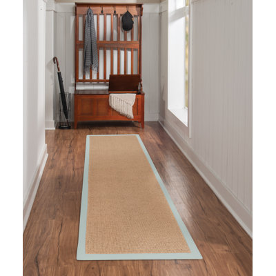 Nannette Handmade Dark Beige Berber with Ice Blue Cotton Border Made in the USA Area Rug