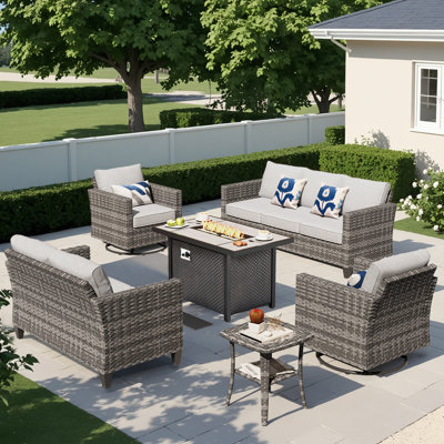 7 - Person Patio Furniture Set with Rocking Swivel Chairs, Outdoor Wicker Rattan Sofa Seating Group with Cushions, All Weather Conversation Set with F