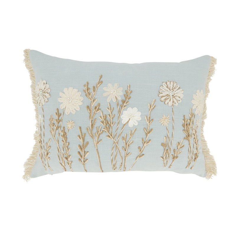Delicate Embroidered Floral Pillow Cover, Polyester, Blue