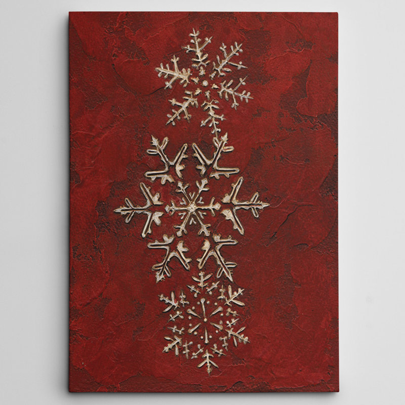 «Snowflakes on Red I» par Jane Carroll - reproduction d'art sur toile tendue, H 24 po x l 32 po x P 1,5 po