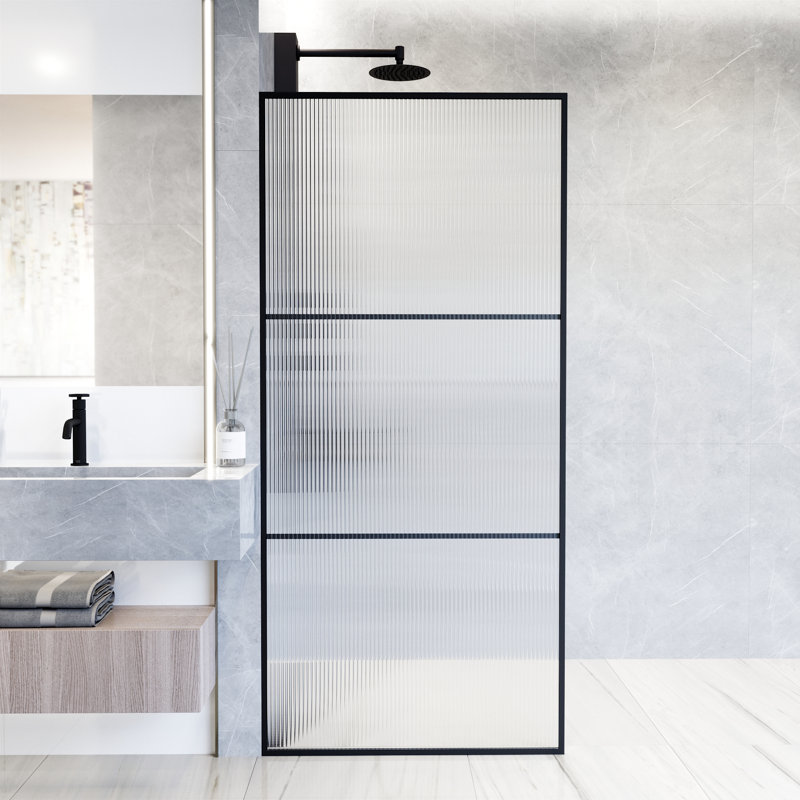 Paroi de douche fixe encadrée divisée l 34 po x H 74 po avec verre rayé 3/8 po, Cannelé noir mat