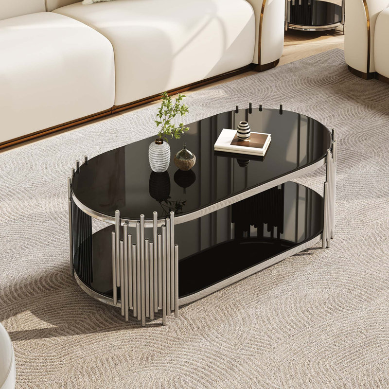 Table basse moderne ovale avec base en orgue artistique et rangement en verre à deux niveaux, Black;Silver