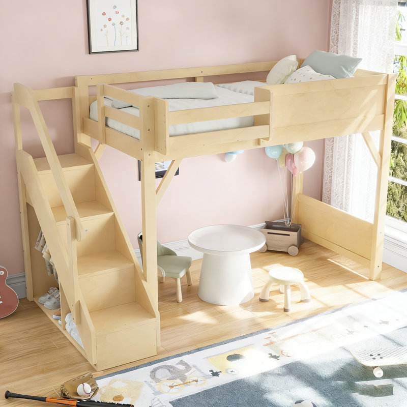 Lit mezzanine simple en bois massif avec garde-robe intégrée, rangement et tablettes à côté, garde-corps pleine longueur, escalier, aucun sommier nécessaire, naturel