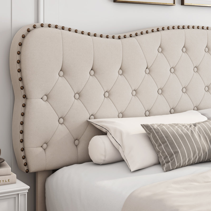 Lofgren Tufted Upholstered Platform Bed with Adjustable Headboard, Queen, Light Beige