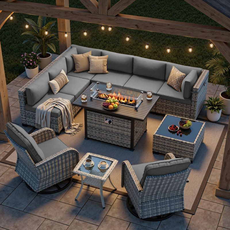 11-Piece Outdoor Patio Conversation Set With Propane Fire Pit Table, 7-Piece Wicker Sectional Sofa & Coffee Table, 2 Swivel Rocking Chairs & Side Table