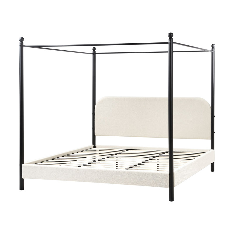 Four Poster Bed Boucle DANNEMOIS, Eu Super King(180 x 200cm), White