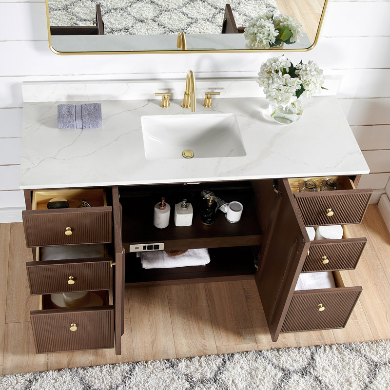 Waubun Rally 60'' Free Standing Single Bathroom Vanity with Calacatta Quartz Top, Dark Brown Oak