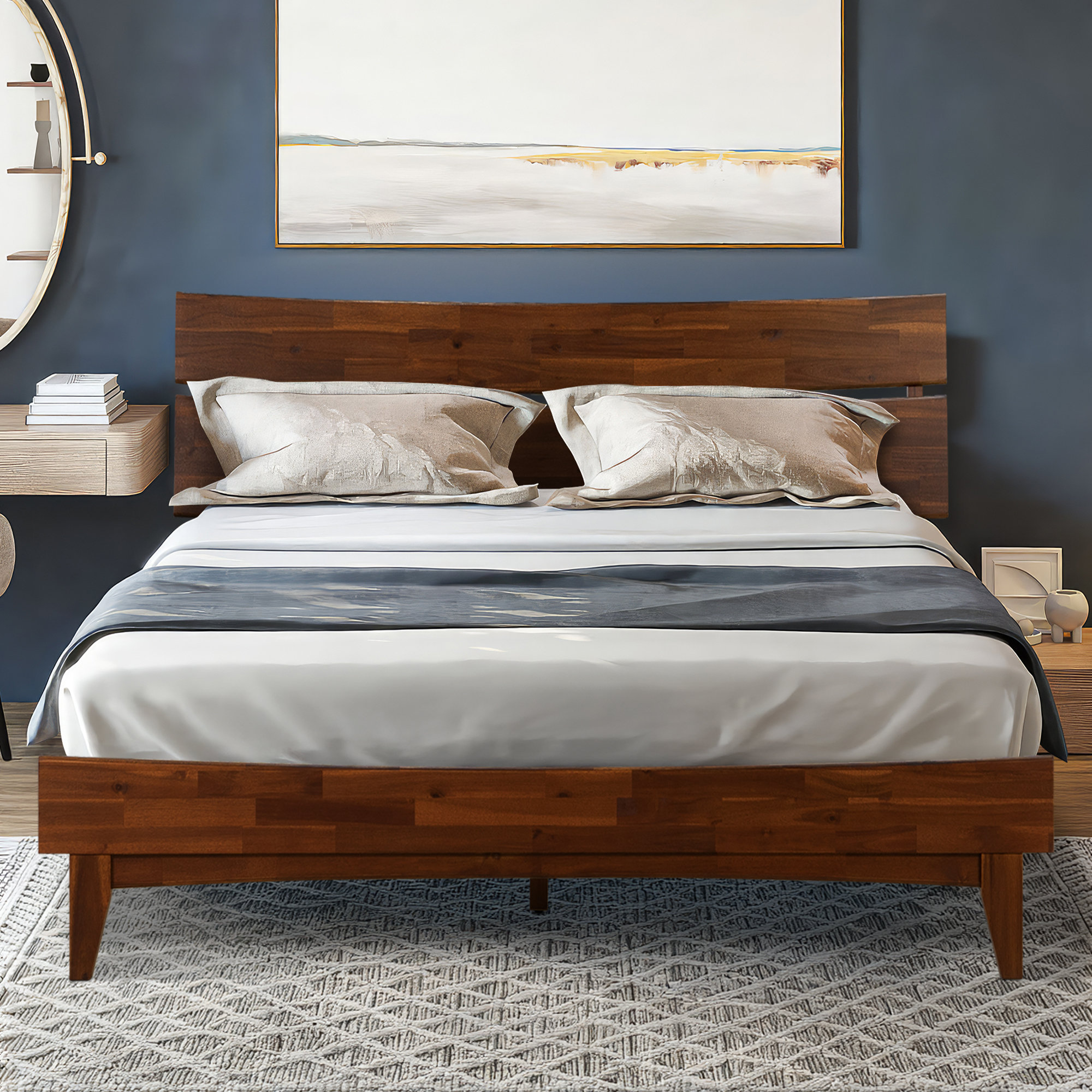 Acacia Aurora Premium Solid Wood Platform Bed Frame and High Headboard, King Bed Frame with Headboard Included, Mid Century Modern Bed with 5 years Warranty