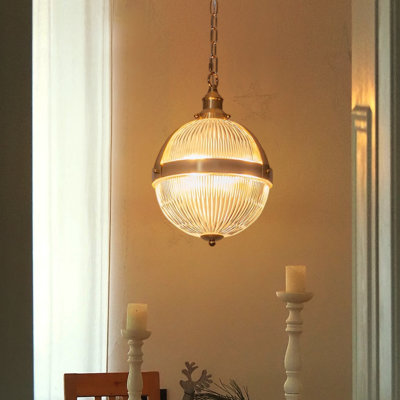 3 - Light 10" Pendant Light with Ribbed Glass Globe Shade