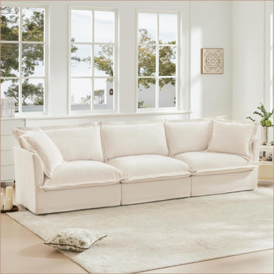 Sofas Couches, Modern 3-Seat Slipcovered Deep Seat Sofa with Pillows for Living Room | Chenille