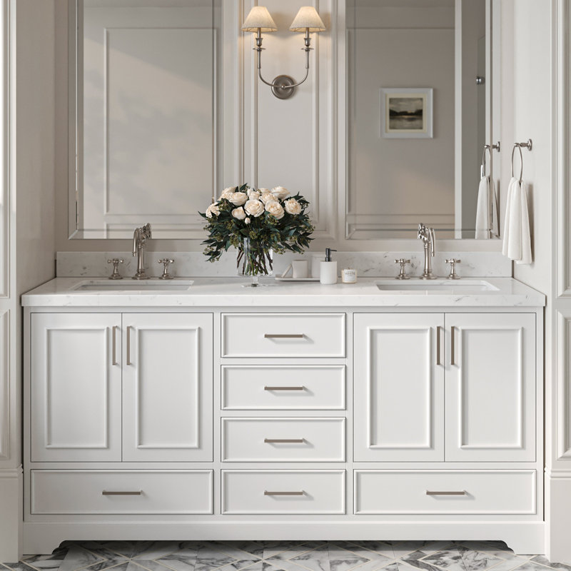 72.25'' Double Bathroom Vanity with Carrara Quartz Top, Brushed Nickel, White