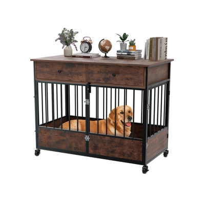 Meuble de 44,5 po pour chien avec tiroirs de rangement, chenil d'intérieur avec roues, caisses en bois multi-portes pour chiens d'intérieur comme table de bout avec roulettes verrouillables, cage pour animal de compagnie avec tablette supérieure