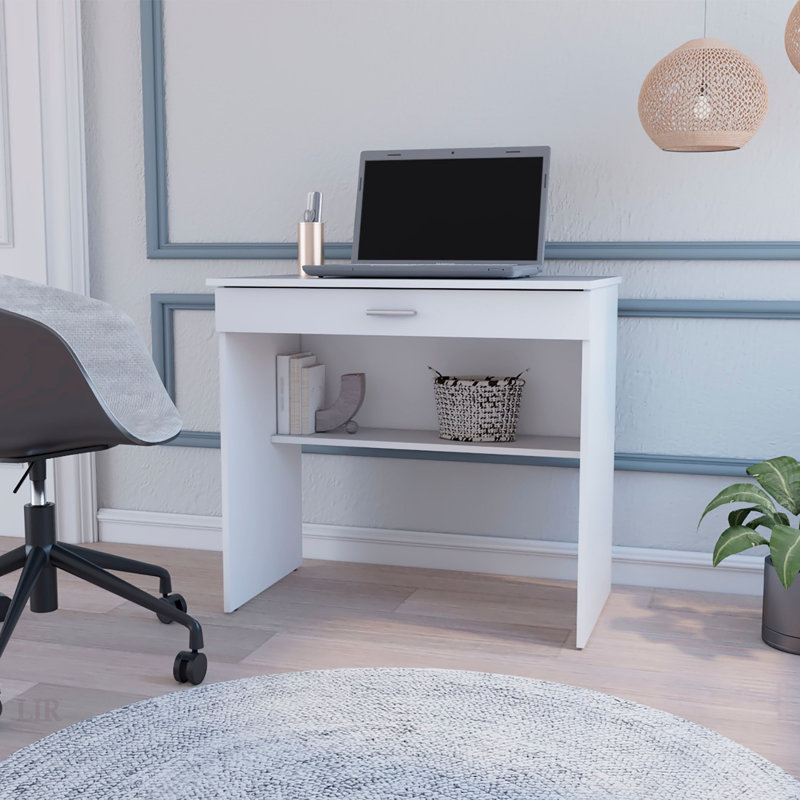 White Storage Desk With Drawer And Shelf, For Organized Workspaces And Efficient Home Offices., White