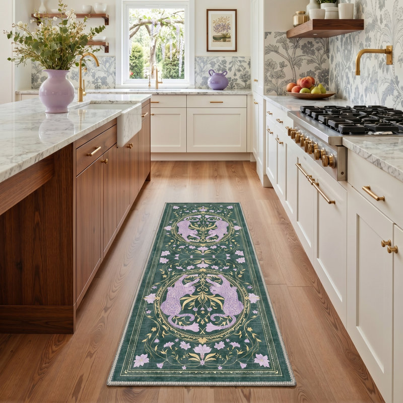 Violeta Animal Print Machine Washable Purple / Green Indoor Area Rug with Non-Slip Backing, Runner 2' x 7'