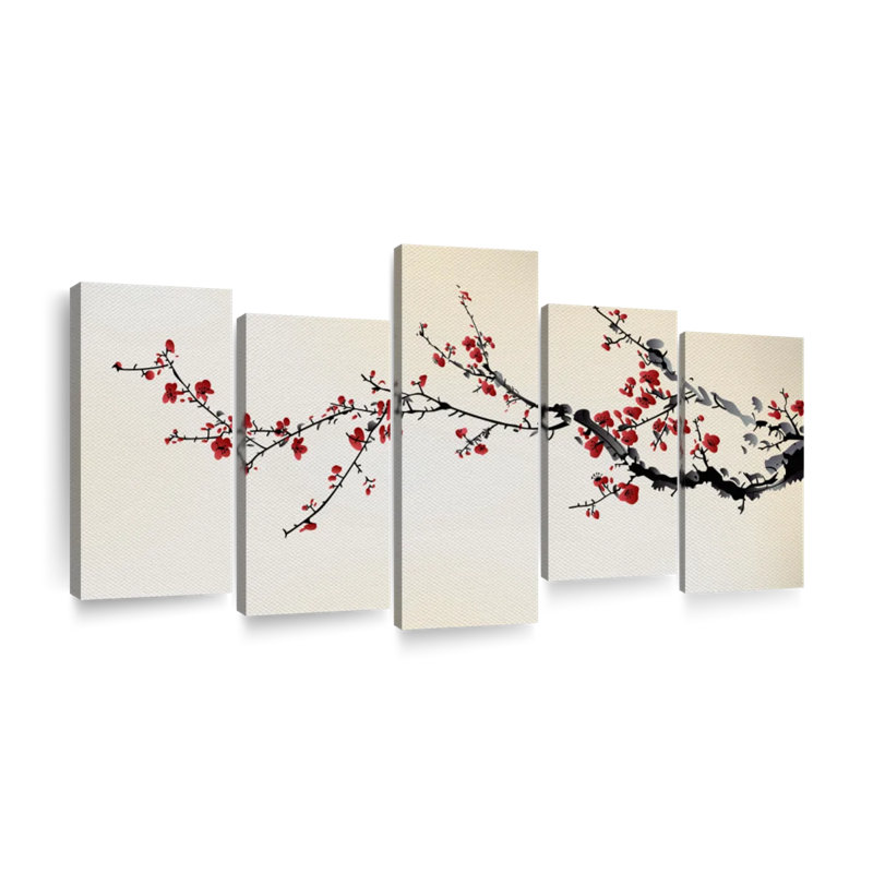 Red Japanese Blossoms Wall Art Multi Piece Canvas Print, H 27 po x l 54 po x P 1,25 po