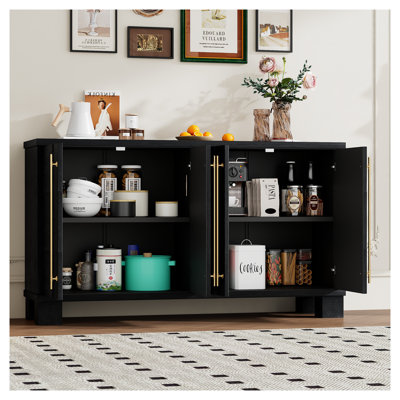TREXM Modern Black Wood Sideboard Buffet Cabinet with Adjustable Shelves, Gold Handles & Large Storage for Dining Room