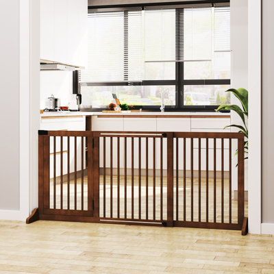Adjustable Wooden Gate For Pets - Freestanding Dog Fence. 3 Panels With Barrier & Lockable Door. Brown. 44.5"-66.07" L X 13.91" H. For Sunrooms Pet Panels, Secure Barrier, Lockable.