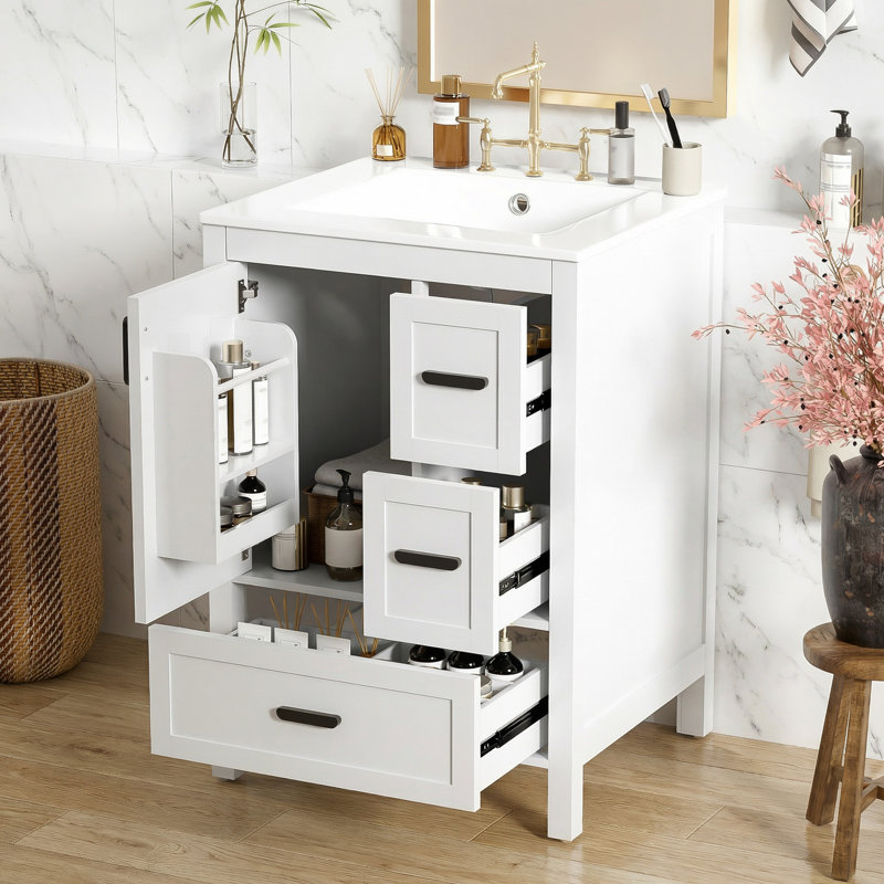 24" Modern Bathroom Vanity with Ceramic Sink, 3 Drawers, Soft-Close Door, Double-Layer Shelf for Small Bathrooms – EPA/UPC Certified
