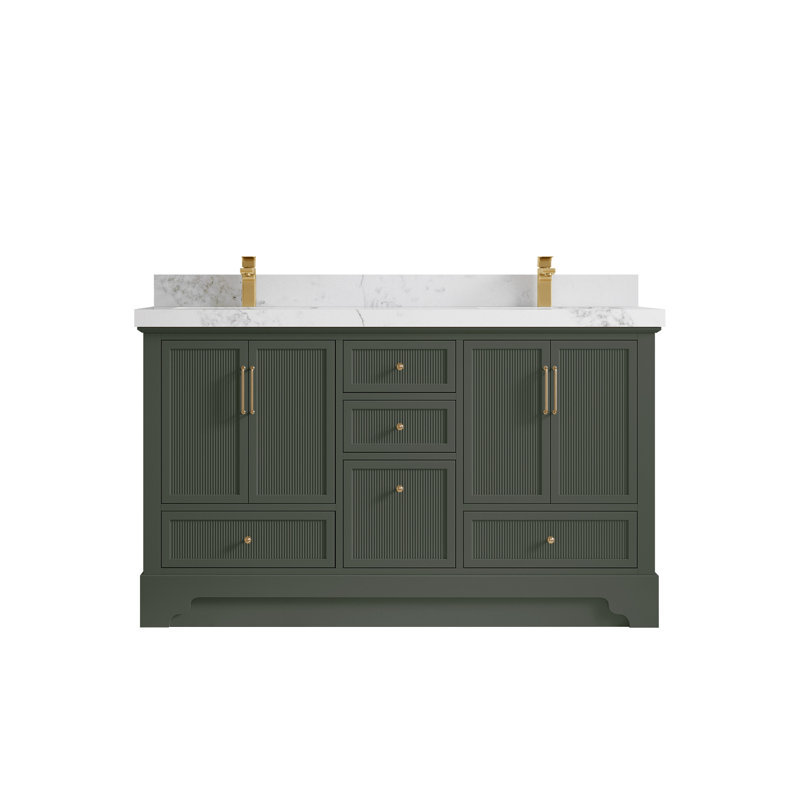 Meuble-lavabo double autoportant de 60 po avec plateau en quartz Alys (option poignées)