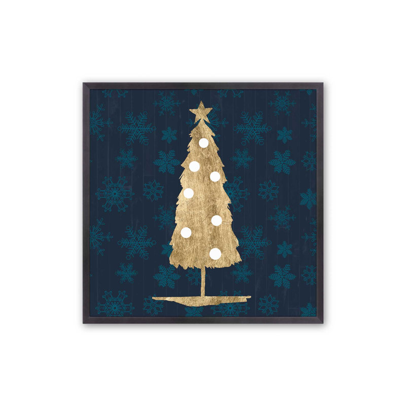 Arbre des Fêtes avec imprimé bleu marine II, H 13,75 po x l 13,75 po, Cadre simple en zinc patiné, bois massif