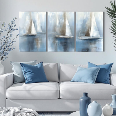 Sailboat Silhouette Canvas Wrapped Wall Art, Abstract Oil Painting Print (Set of 3)