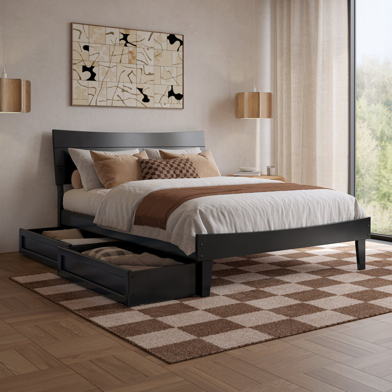 Phoenix Wood Platform Bed with Storage Drawers, Black, Full