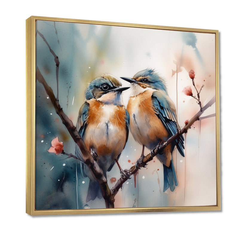 Oiseaux bleus assis sur une branche d'arbre III - Art mural floral, 44" H x 44" W, Cadre flottant doré