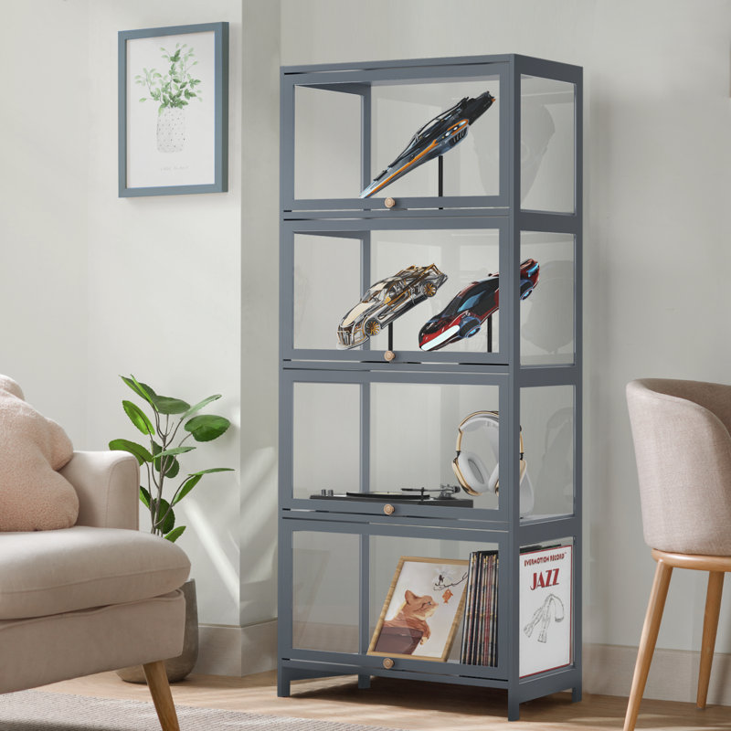 Modern Gray 4-Tier Bamboo and Acrylic Display Cabinet