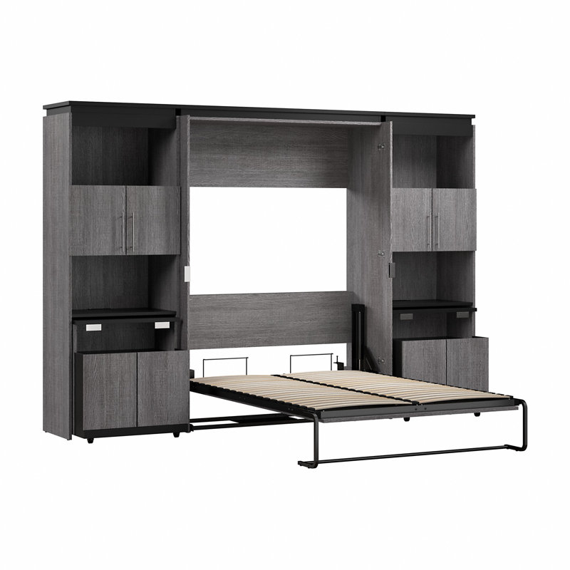 Lit escamotable Asay et 2 armoires de rangement avec tablettes coulissantes, Très fourni, Écorce gris