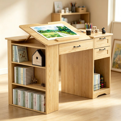 Table à dessin brune avec planche à dessin inclinable et tiroirs de rangement, bureau d'art réglable pour la peinture, les croquis et le bureau personnel