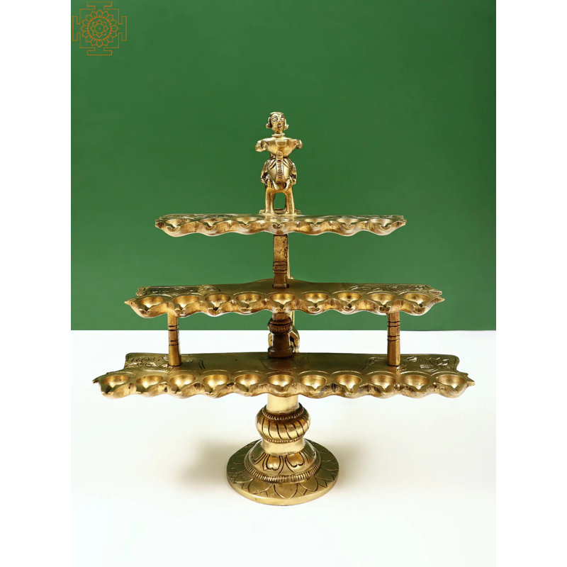 10 "laiton Aarti Diya avec 28 mèches et poignée - Lampe à huile multi-couches de style Jhari Batti traditionnel pour le temple de l'Hindou
