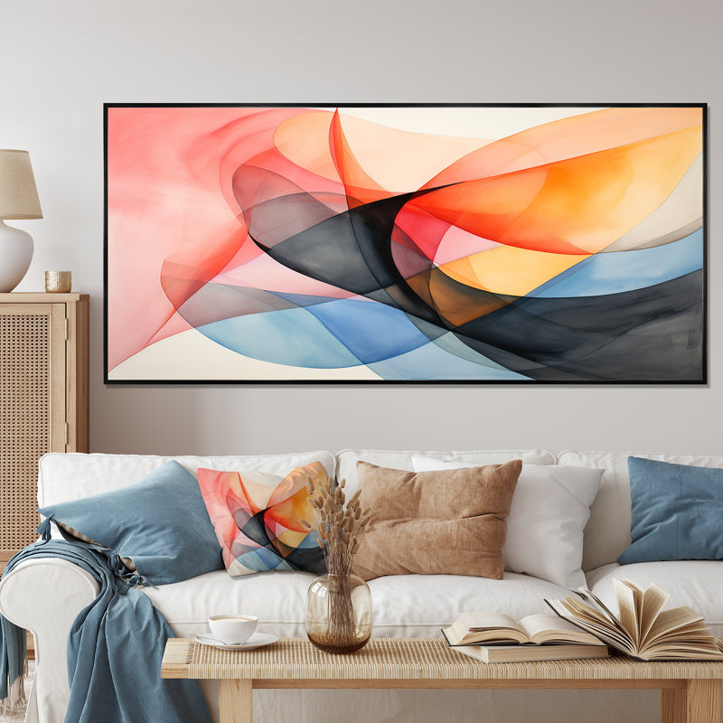Motif géométrique de couleurs douces I - art mural géométrique, Cadre flottant noir, H 28 po x l 60 po x P 1,5 po