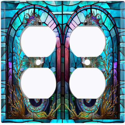 Metal Light Switch Plate Outlet Cover (Cute Sea Horse Purple Glass Art Print - Double Duplex)