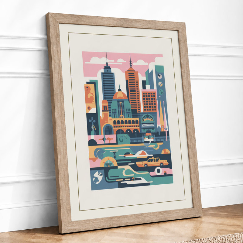 City in Layers Modern - Framed Print, A2 - 59.4 x 42.0 cm, Oak