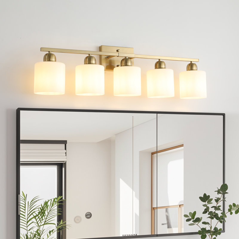 Éclairage pour meuble-lavabo 5 lumières résistant à l'humidité avec abat-jour en verre givré, Doré, 5 lumières