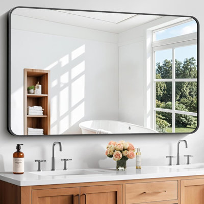 Miroir de salle de bain 55 po x 36 po, grand miroir rectangulaire, miroir mural rectangulaire, miroir de meuble-lavabo de coin arrondi avec cadre en aluminium