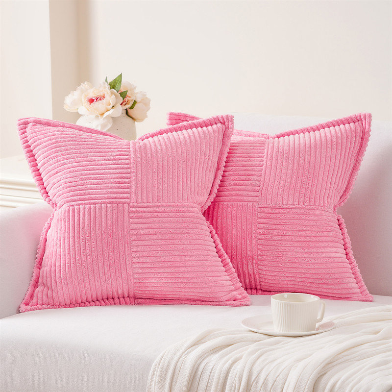 Housse de coussin carré en velours côtelé, H 18 po x l 18 po, Rose