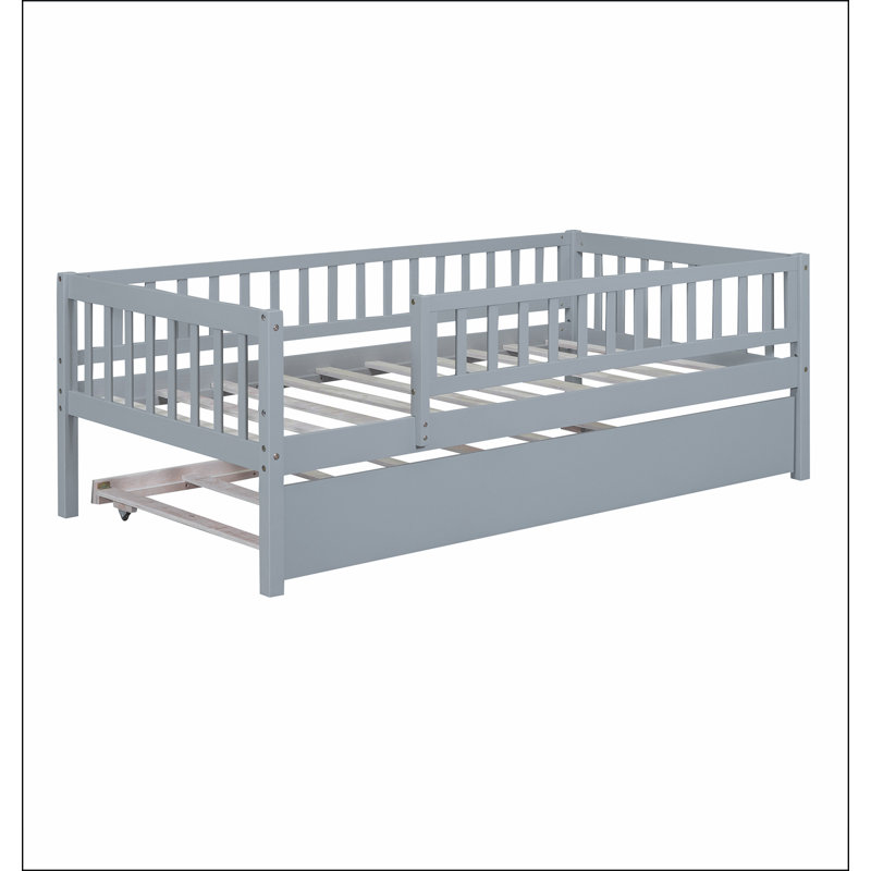 Lit de jour en bois avec couchette et garde-corps, Gris, Simple