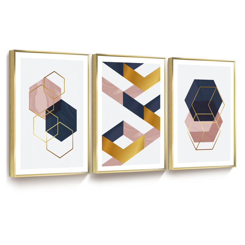 Abstrait moderne - ensemble de 3 reproductions de photos sur toile, H 16 po x l 36 po x P 1,5 po, Or