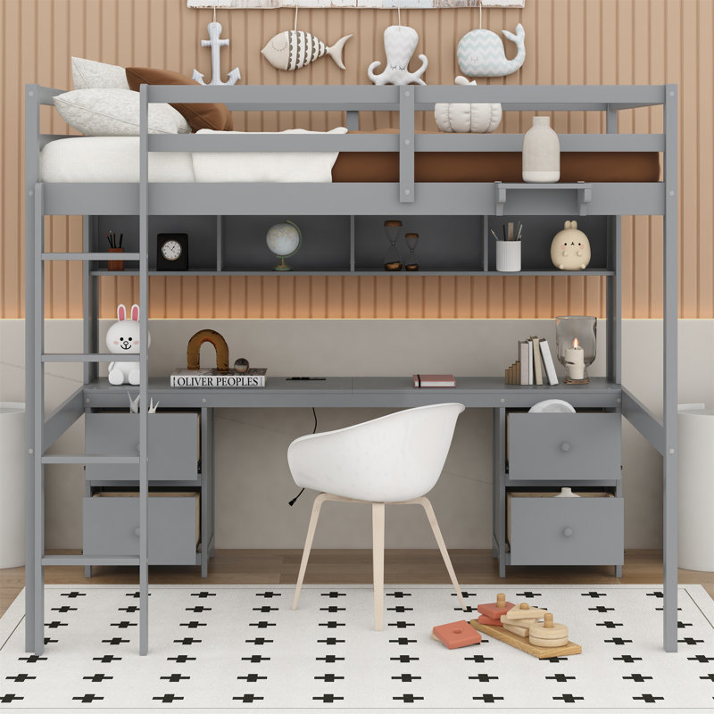 Lit mezzanine double avec tiroirs Jaquela Kids, Gris