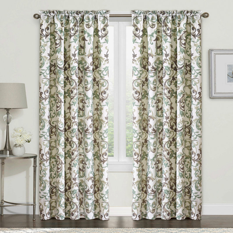 Ravello Scroll Damask Curtain Panels, Brown Aqua, 60"W x 84"L