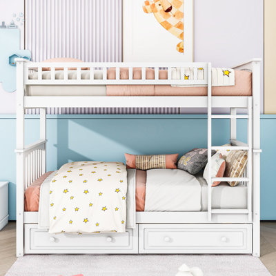 Lit superposé simple au-dessus d'un lit simple en bois avec design convertible et tiroirs de rangement