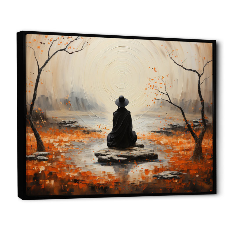 Orange gris méditation zen jardin pointillisme sur toile, H 34 po x l 44 po x P 1,5 po, Cadre flottant noir