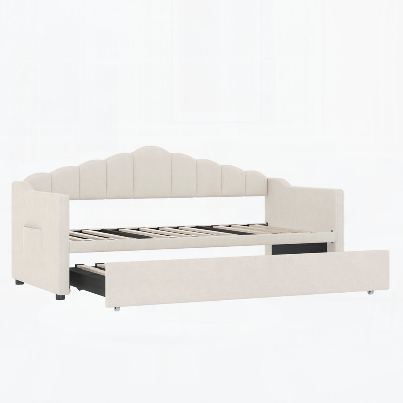 Lit de jour rembourré avec lit gigogne simple à hauteur ajustable, Beige