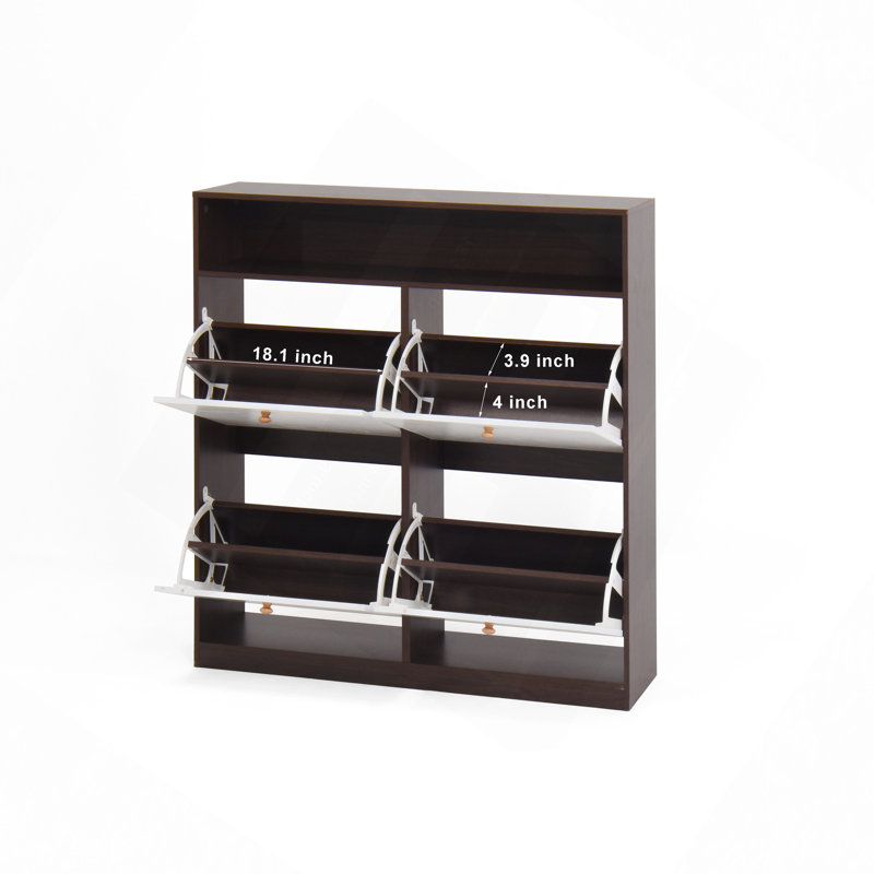 Armoire à chaussures avec 4 tiroirs rabattables et poignée en bois, Noyer