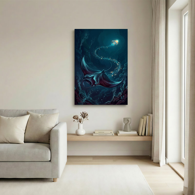 «Manta Ray and Glowing Squid In Deep Blue Cave», art mural sur toile, 24"H x 18"W