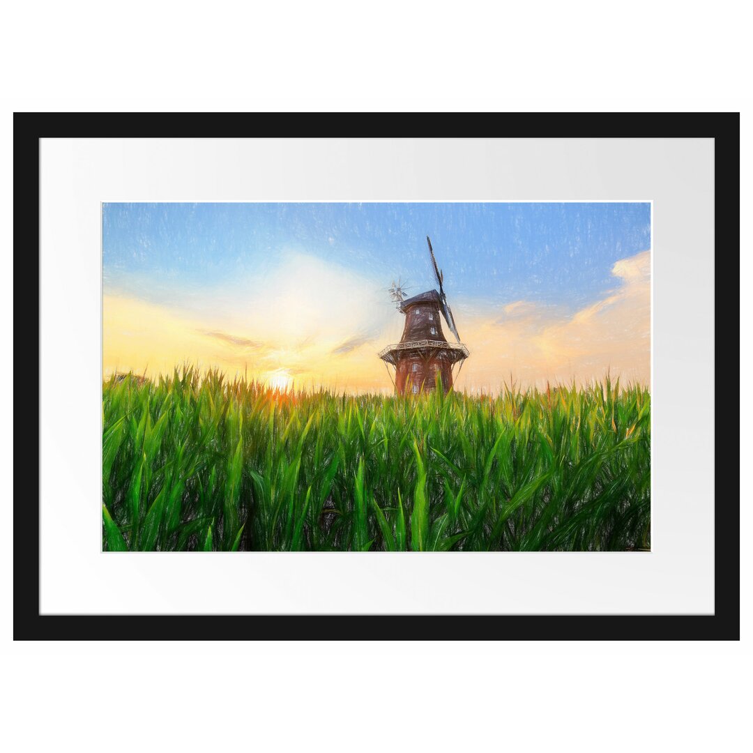 Gerahmtes Poster Schöne Windmühle auf dem Feld