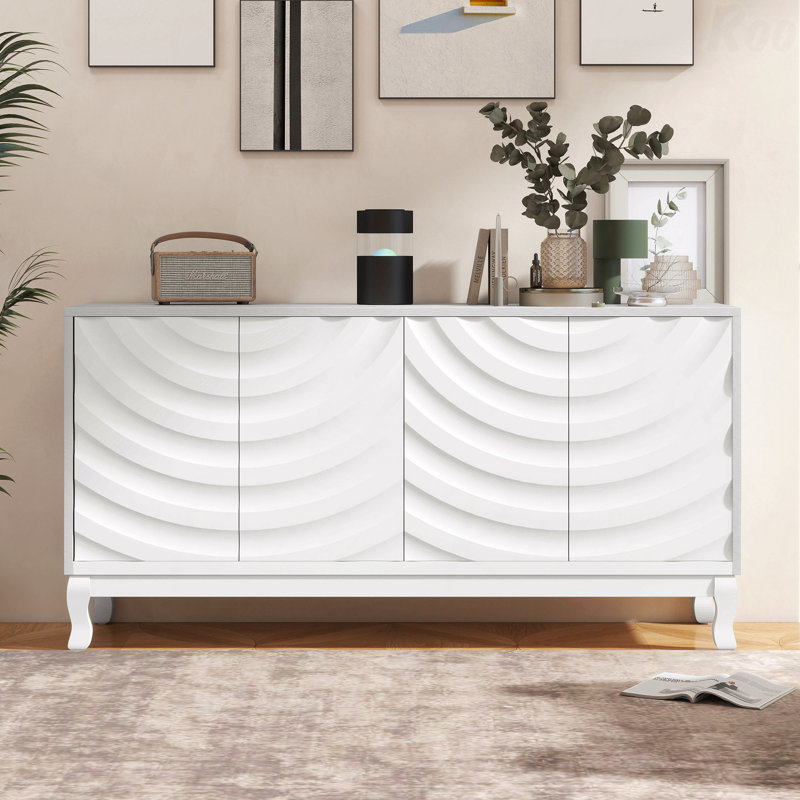 Élégant buffet à 4 portes - Portes à motif ondulé, conception à rainures arquées, tablettes réglables, pour bureau et vestibule