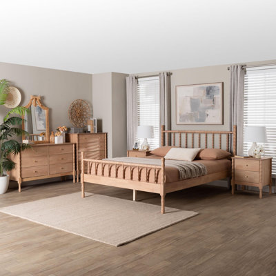 Baxton Studio Laurent Bamboo-Style 5-Piece Bedroom Set - Spindle Platform Bed With Matching Dresser, Chest, And Two Nightstands, Cottage Farmhouse Sty by George Oliver