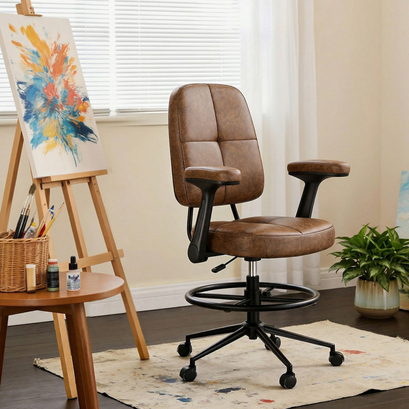 Drafting Chair with Flip‑Up Armrests & Adjustable Footring Ergonomic Height Adjustable Seating, Brown Suede Thick Cushion, 360° Swivel, Ideal for Standing Desks & Home Office